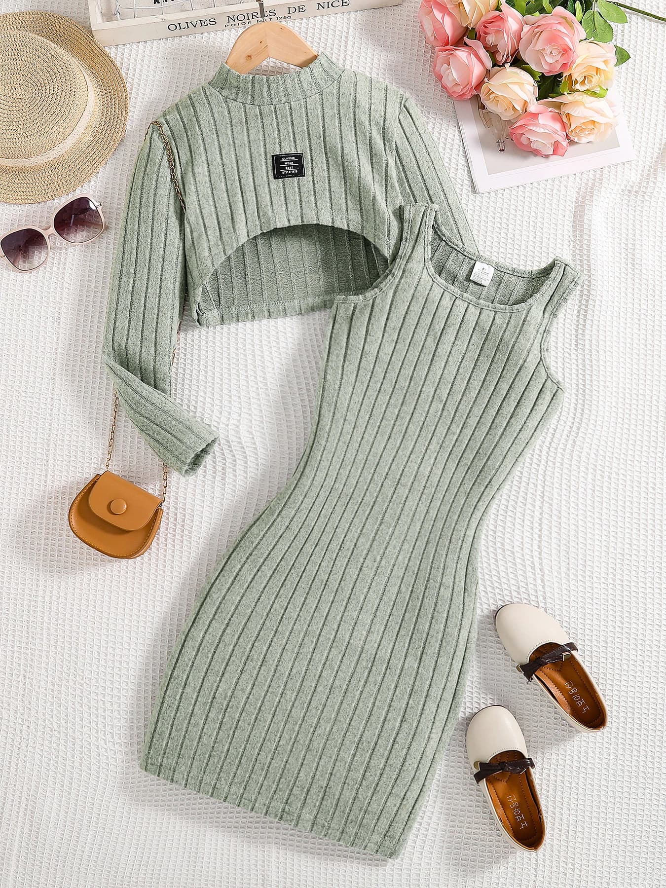 Primavera e autunno nuove ragazze moda lavorata a maglia tinta unita pit strip camicia a maniche lunghe con colletto medio + gilet senza maniche abito casual 2