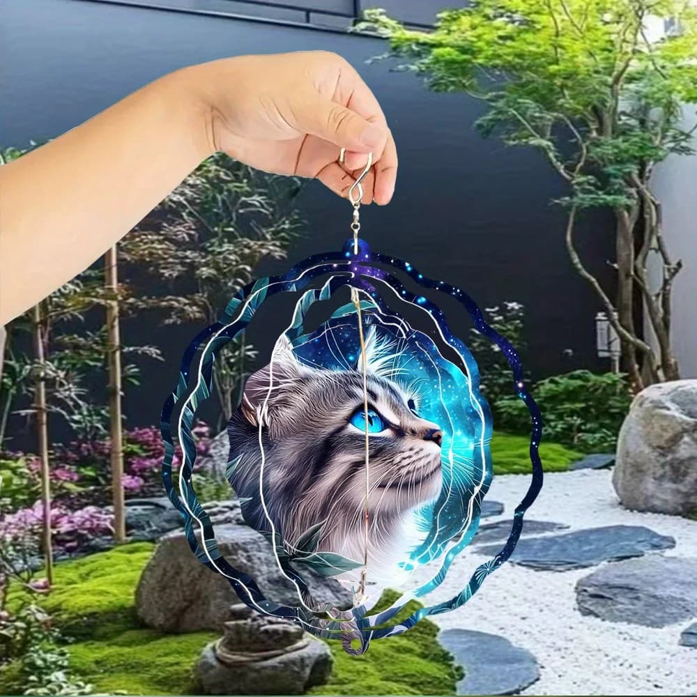 A Beautiful Cat-Themed Wind Chime with a Cosmic Design, Featuring a 3D Rotating Mechanism And a 360° Swivel Hook