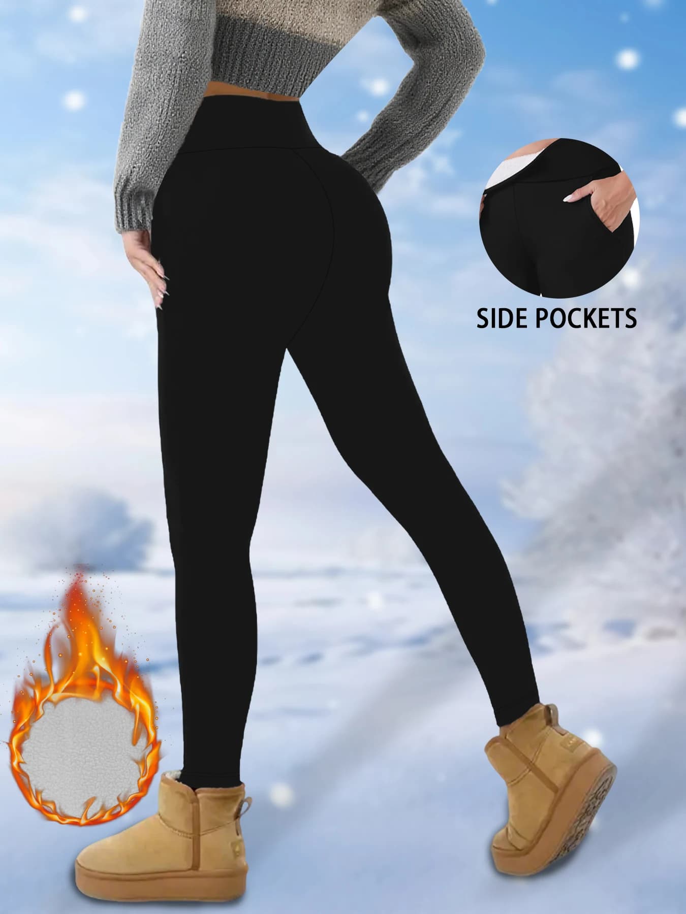 Leggings da donna foderati in pile a vita alta con tasche Pantaloni caldi termici da yoga per allenamento con controllo della pancia morbido e spesso per l'inverno freddo