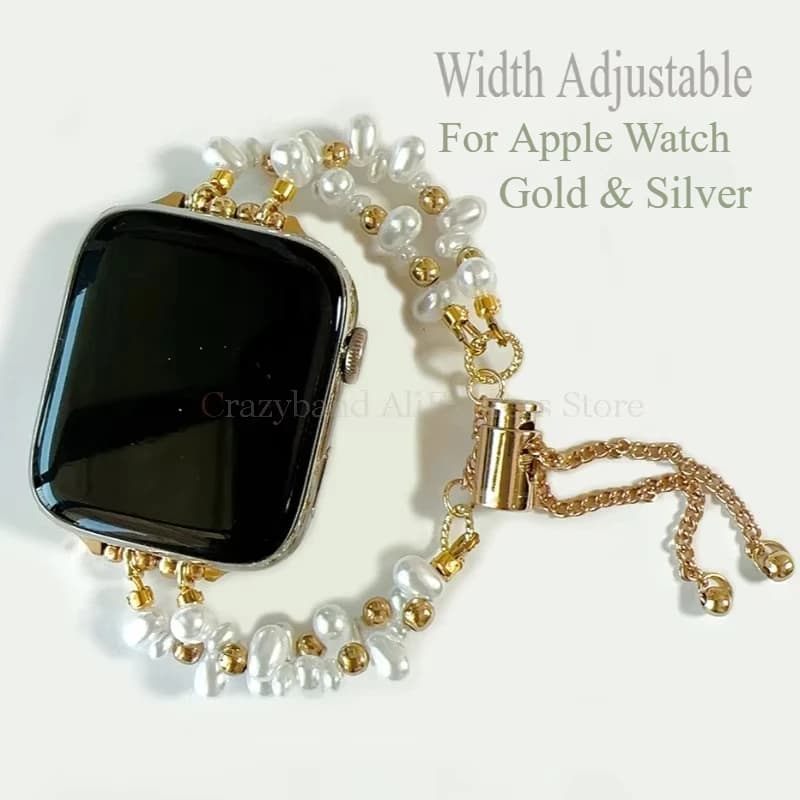 38/40/41mm Metallo da donna fine per IWatch 7 8 9 Band 42/44/45/46/49mm per Apple Watch SE Ultra2 Bracciale orologio in oro con perla irregolare