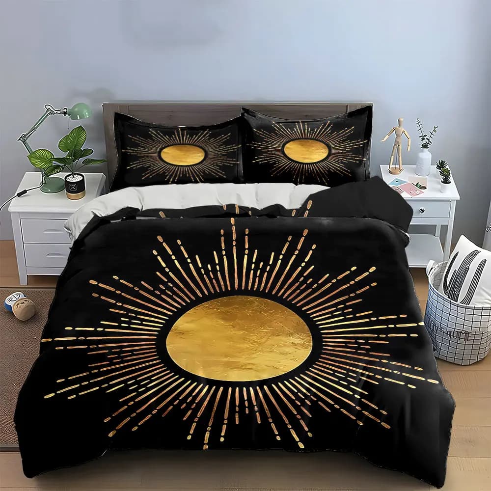 Set di decorazioni Golden Sunburst, set di biancheria da letto morbido e delicato sulla pelle, include 1 copripiumino e 2 federe, regalo