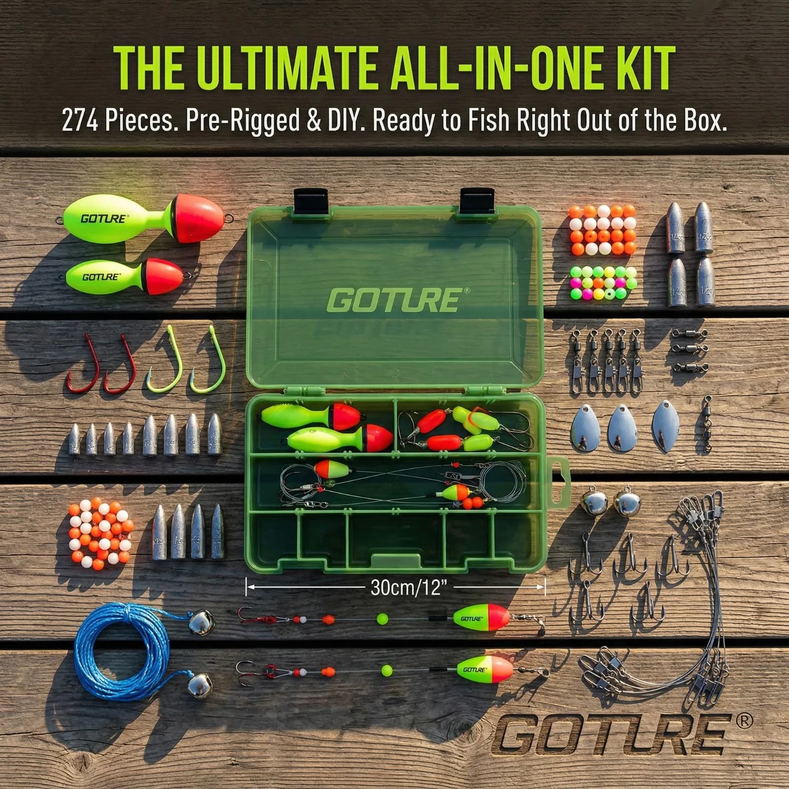 Kit di Attrezzatura da Pesca Goture 274/300 Pezzi con Scatola Porta Attrezzi 3600, Ami, Piombi, Perline, Girelle, Set Completo per la Pesca al Siluro in Acqua Dolce