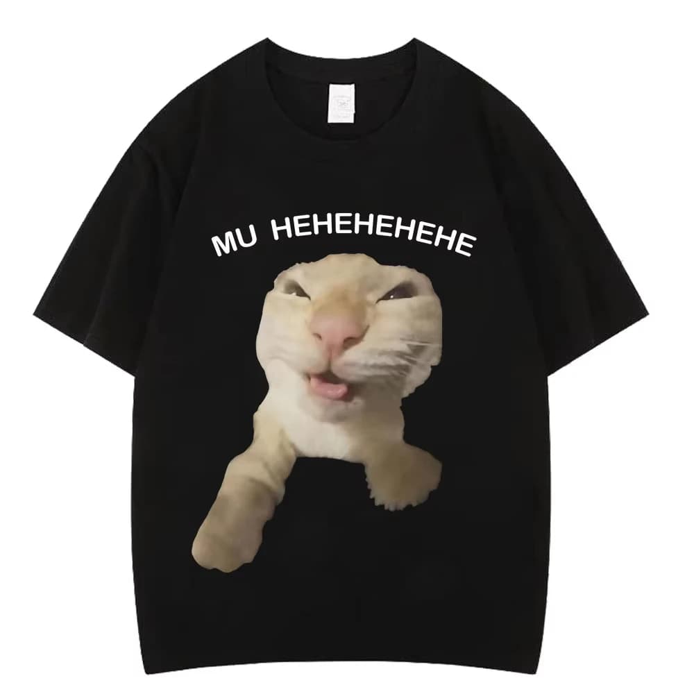 T-shirt con meme divertente del gatto Mu Hehehe, T-shirt in cotone alla moda per uomo e donna, T-shirt estiva a maniche corte, casual, hip-hop, oversize