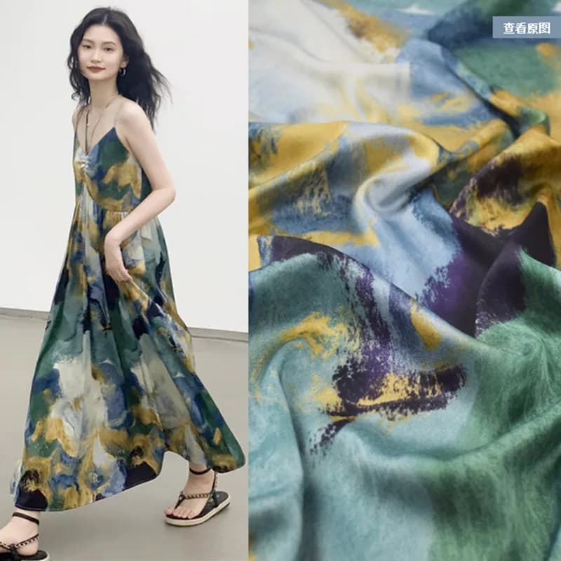 Chiffon fabric dress with blue wind green water ink print, cheongsam, pajamas, sewing fabric, T2071, senior feeling