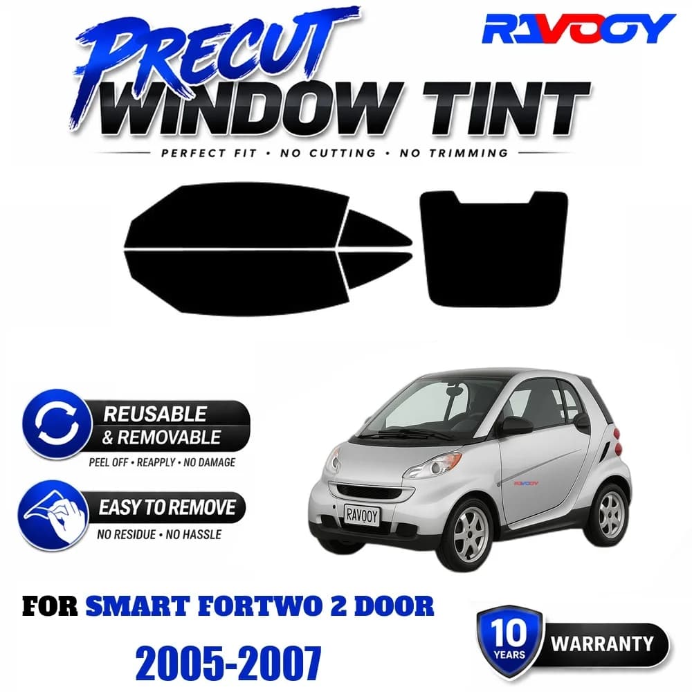 RAVOOY Precut Window Tint, Reusable Removable EPU Film, Custom Fit for Smart Fortwo 2 Door 2005-2007, UV Heat Protection