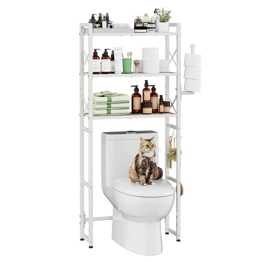 Scaffale portaoggetti da bagno di tendenza da posizionare sopra il WC con porta carta igienica, scaffale organizer da bagno a 3 livelli in metallo resistente con 3 ganci, W