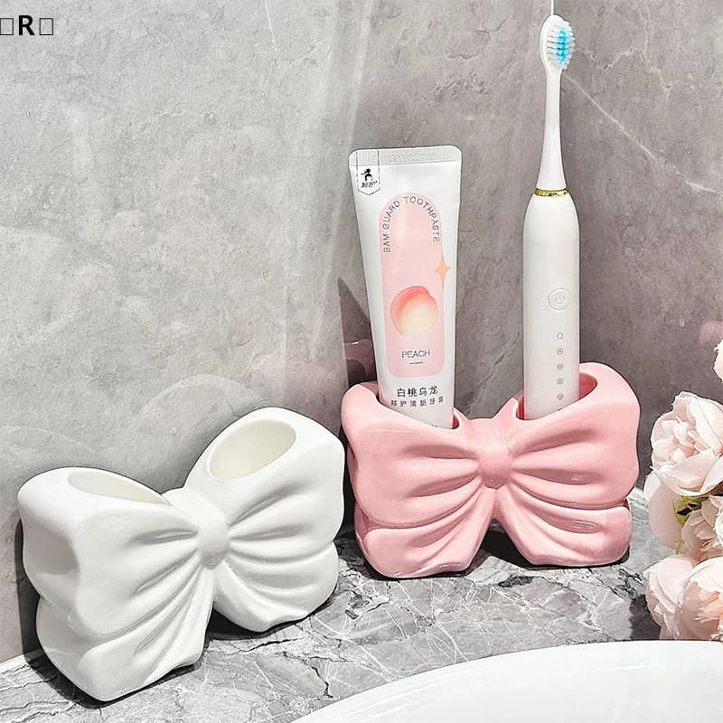 maveraRzis1pc Porta spazzolino con fiocco in ceramica Ornamento Spazzolino in ceramica, Portaoggetti per dentifricio Accessori per il bagno Porta spazzole