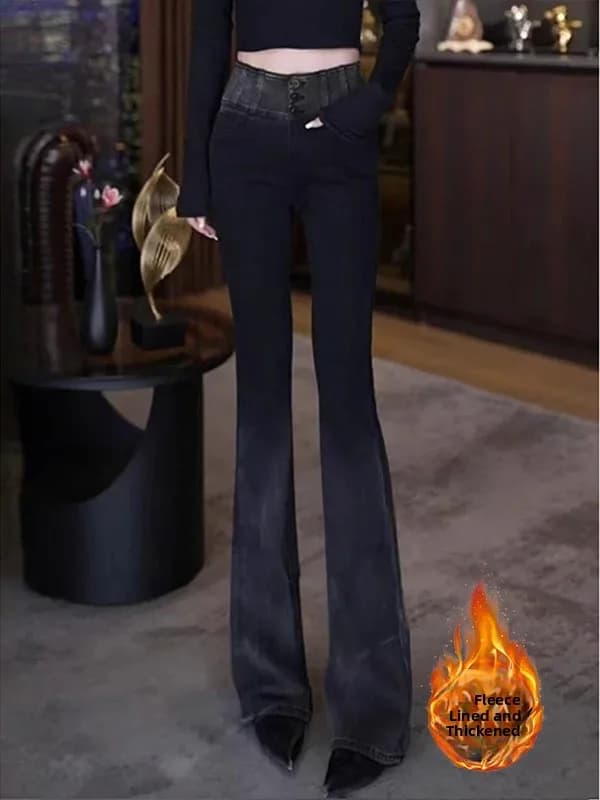 Jeans a Vita Alta e Gamba Larga per Donna, Pantaloni Invernali in Denim Elasticizzato con Sfumatura di Colore, Stile Casual