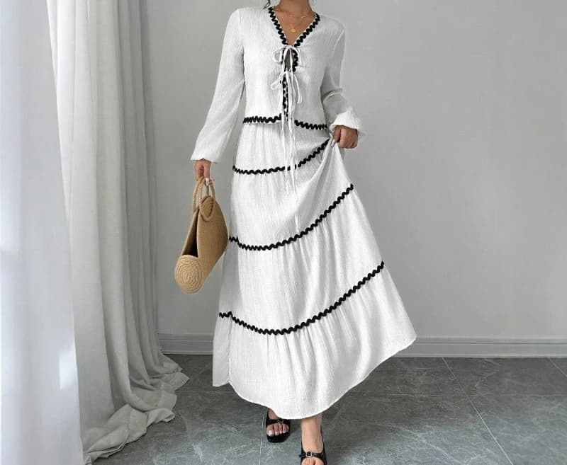 Commuting Two-piece Set Long-sleeved Top and Skirt Black and White Lace Dress Sets V-neck Tie-front Top and Long Skirt for Women