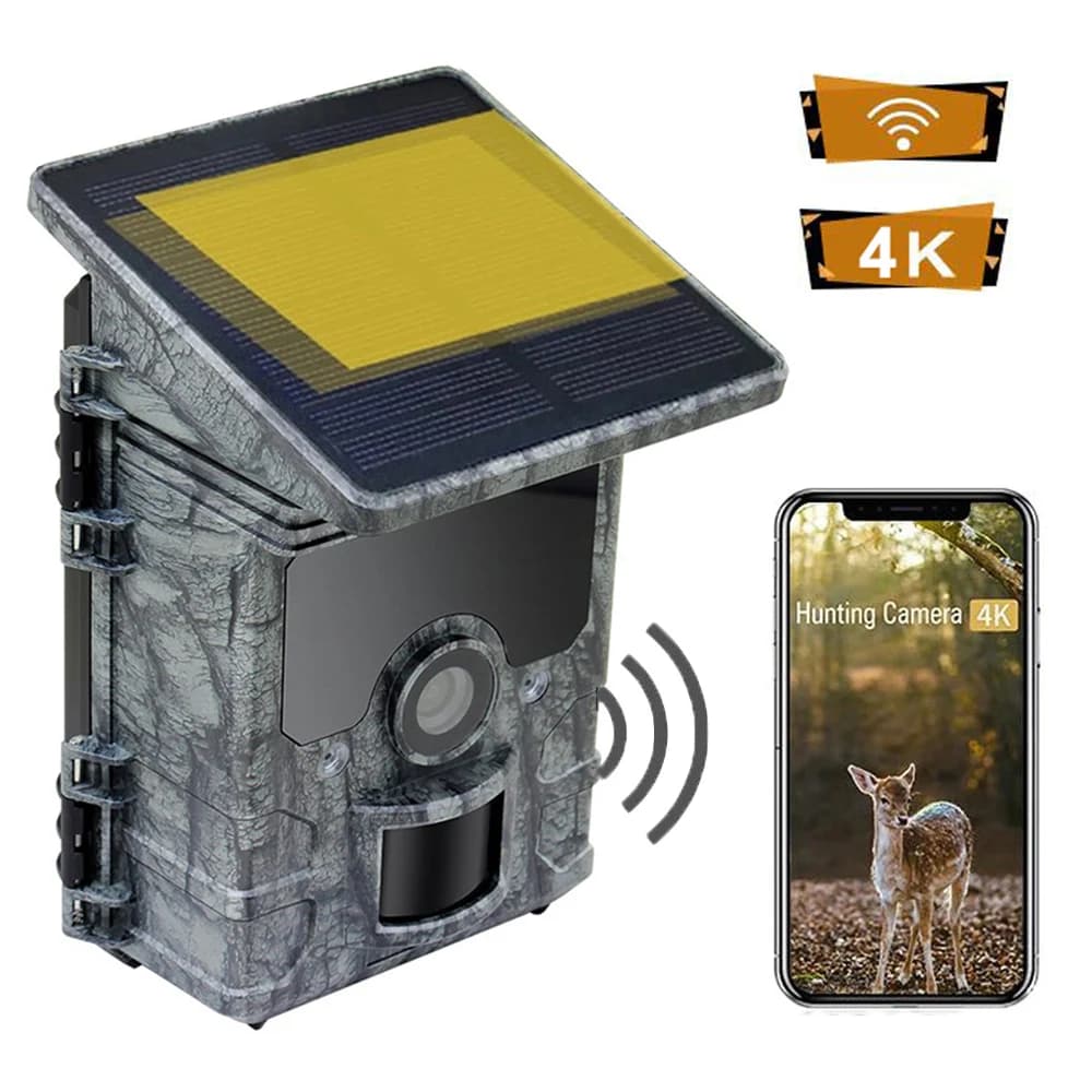 Telecamera da caccia con pannello solare 4K 30MP Immagine HD WiFi Bluetooth APP Controllo Trappola per animali selvatici all'aperto Trail Telecamera per visione notturna a infrarossi
