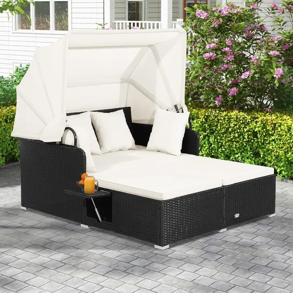 Divano letto da esterno, chaise longue in vimini per 2 persone con baldacchino retrattile, cuscini e cuscini, 2 vassoi laterali, divano doppio da patio