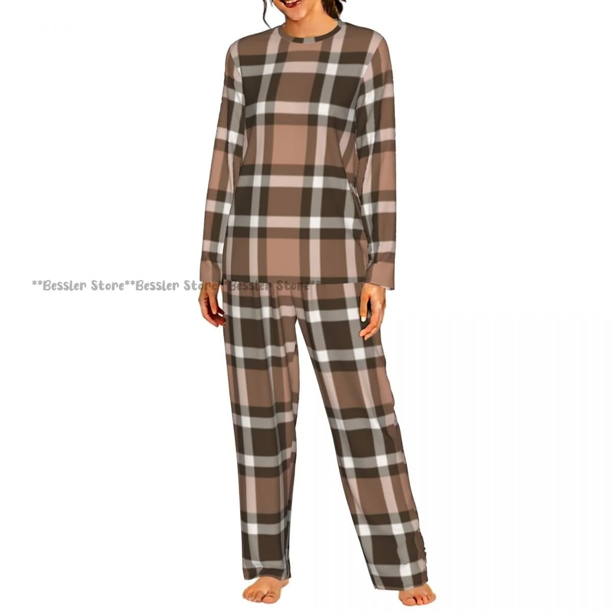 Women Round Neck Pajamas Set Colorful Plaid Tartan Pattern Long Sleeve Tops + Long Pants