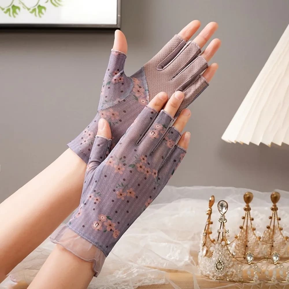 1 Pair Breathable Sunscreen Half-finger Gloves Silicone Anti Slip Thin Lace Mesh Gloves Quick Dry Floral Printed