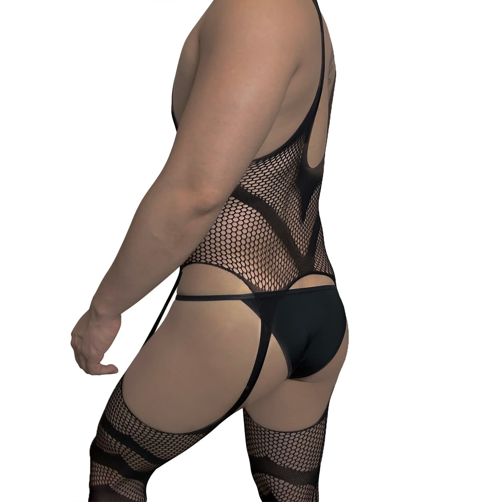 CLEVER-MENMODE Men Sexy Fishnet Bodysuit Jumpsuit Pantyhose Suspender Stockings Crossdress Garter Belt Lingerie Crotchless