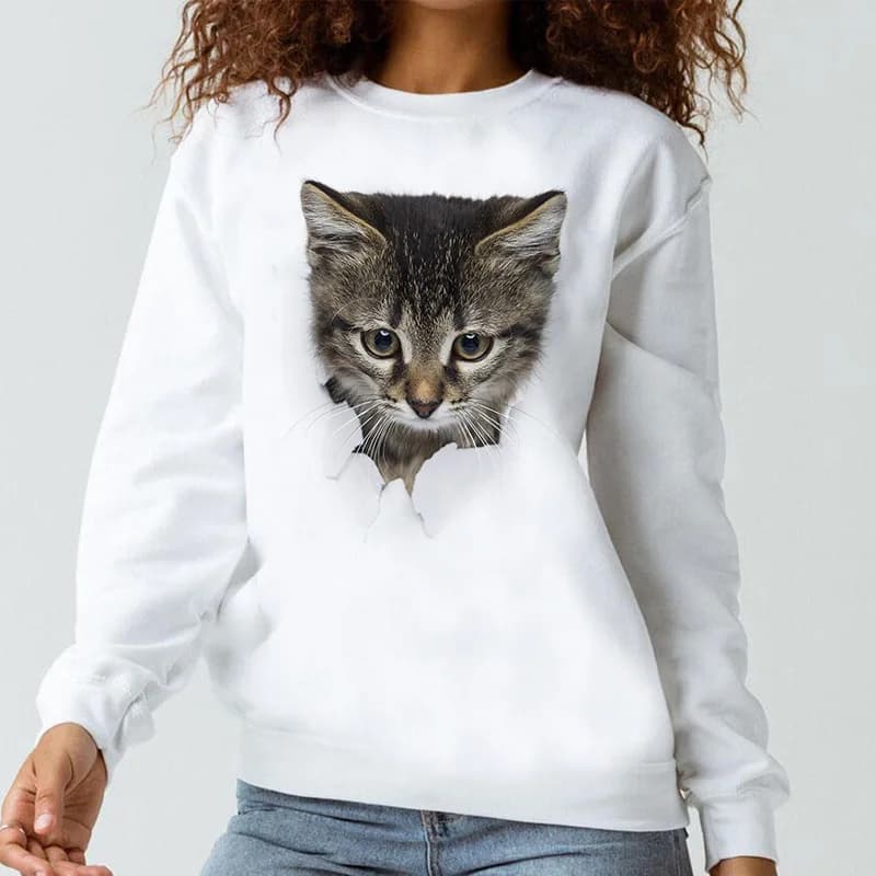 Boys Girls 3D Crack Paper Kitten Print Crewneck Sweatshirt Long Sleeve Casual Loose Kids Fashion Pullover Tops