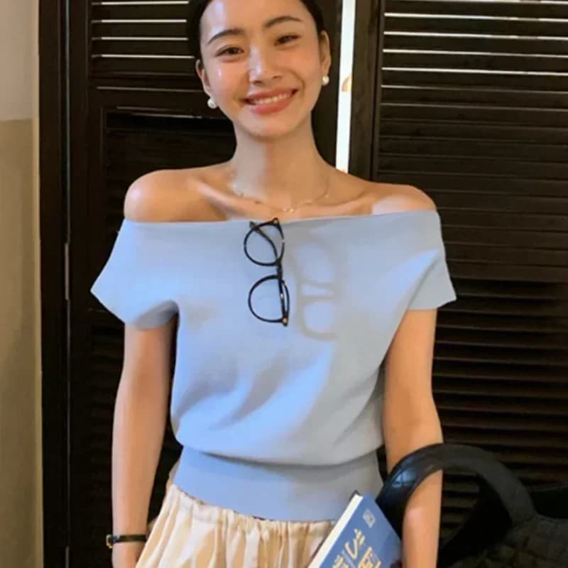 Camicia coreana estiva da donna camicetta lavorata a maglia di seta del ghiaccio sexy manica corta sottile allentato bianco corto top 2023 abiti di moda chic 25522