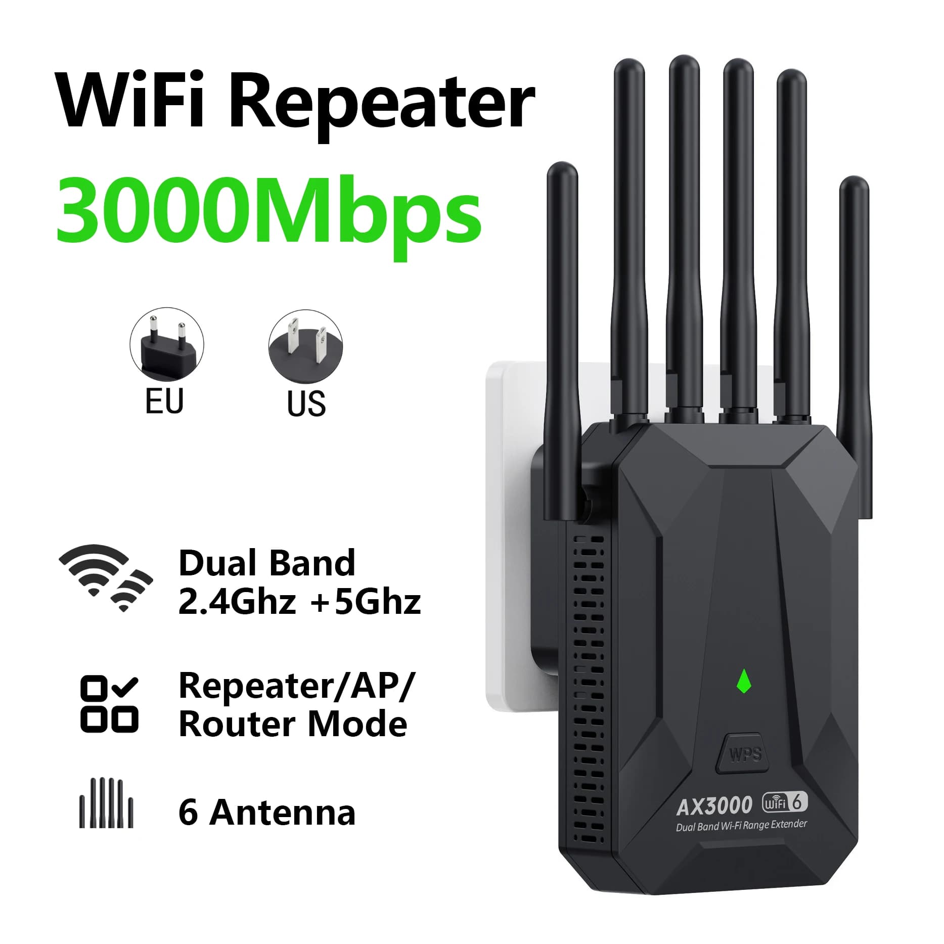 Ripetitore wireless WiFi 6 3000Mbps Dual Band 2.4Ghz 5GHz WiFi Extender Amplificatore Wi-Fi 6 Amplificatore di espansione segnale a lungo raggio