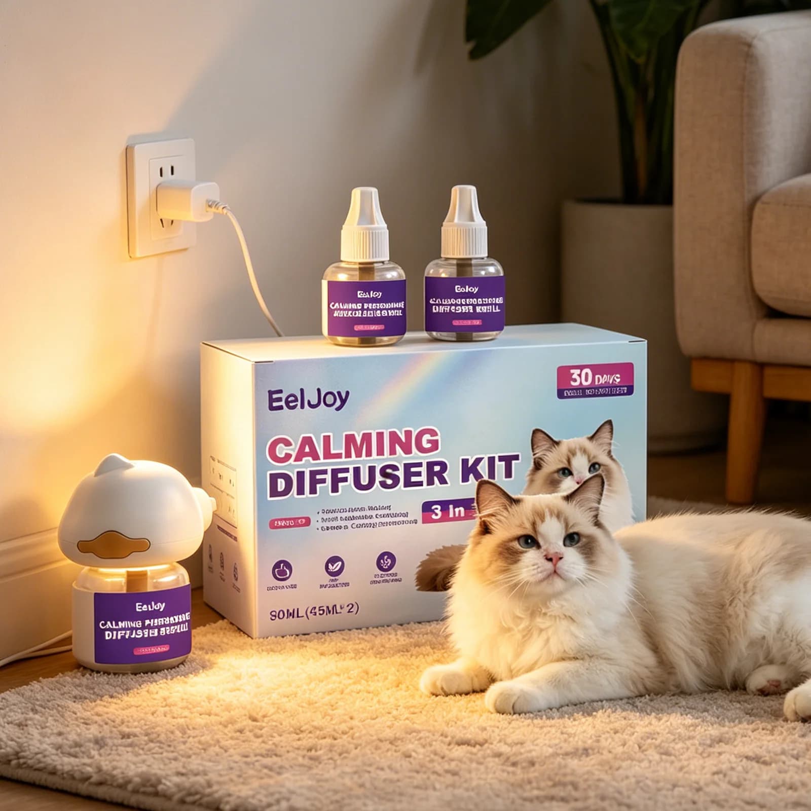 Diffusore Naturale Calmante per Alleviare lo Stress dei Gatti con Olio Essenziale Vegetale, Diffusore di Feromoni per Gatti, Sollievo dall'Ansia Felina, Copertura 700 Piedi Quadrati