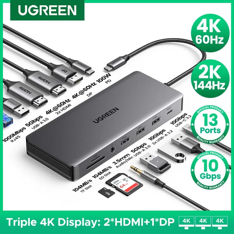 UGREEN USB C HUB 13 in 1 Tripla Display Doppio HDMI DP 4K60Hz 10Gbps USB3.2 PD100W SD/TF RJ45 Docking Station per MacBook Dell XPS
