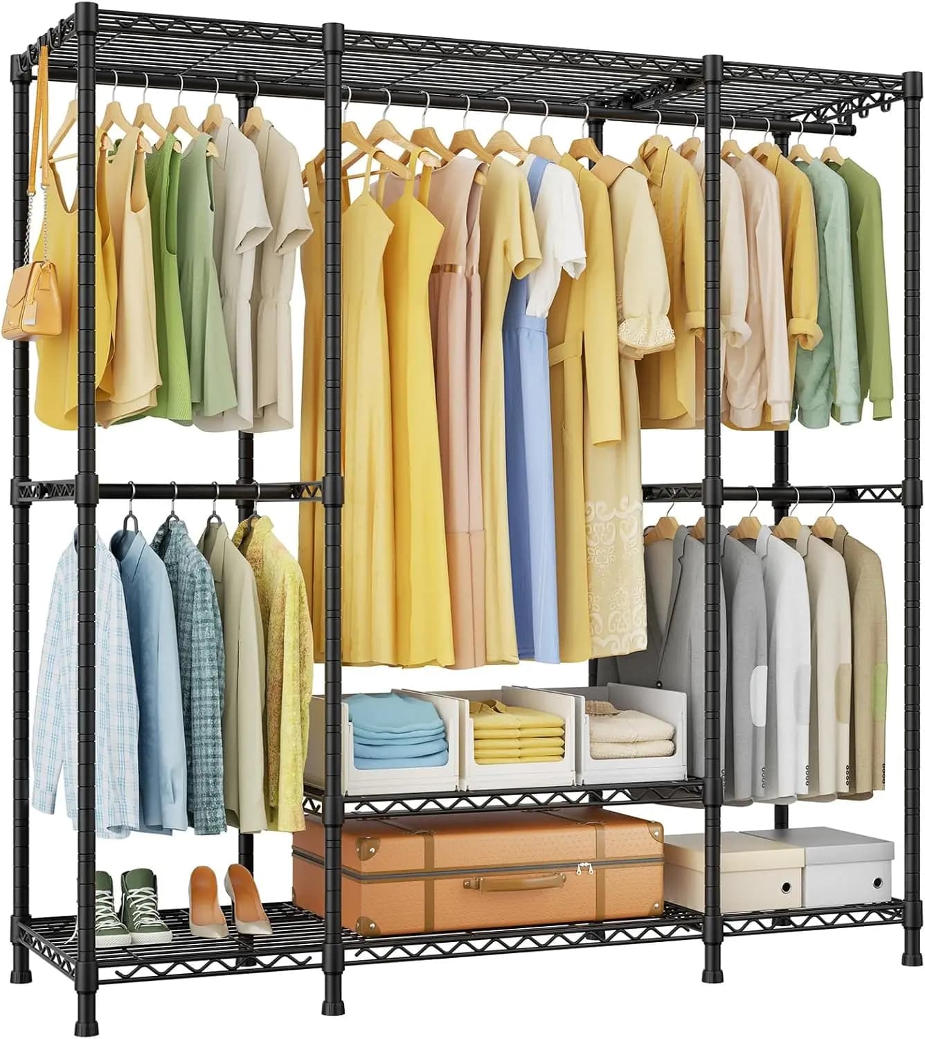 Heavy Duty Garment Rack,4 Tiers Freestanding Closet Organizer System with 5 Shelves，Max Load 850lbs Black