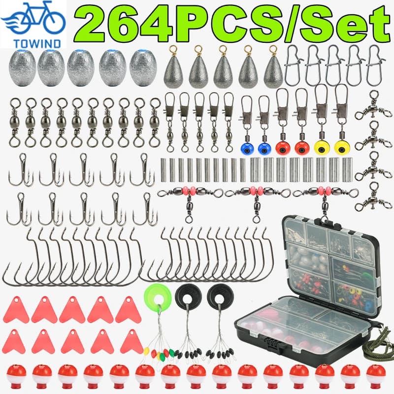 264 pcs fishing gear accessories Kit including fishing hooks Sinker swivel weights floating weights Fishing set with equipment box