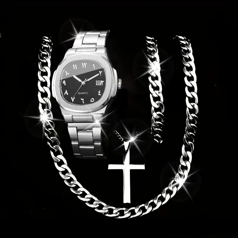 Set di 4 Orologi da Uomo di Lusso con Bracciale e Collana, Orologio da Polso al Quarzo con Quadrante Quadrato e Calendario (Senza Scatola)