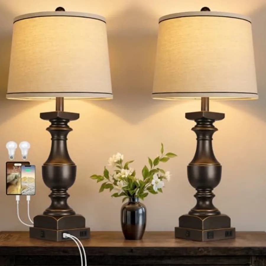 Set di 2 Lampade da Comodino Stile Fattoria da 8'', Lampade da Tavolo Nere e Oro per Comodino, Lampade da Scrivania con Paralumi in Lino, Lampade da Tavolo con USB A