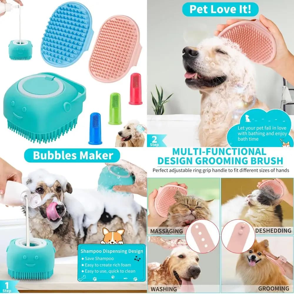 Comotech 6 pezzi spazzola da bagno per cani e spazzolino da denti per cani | Spazzola e scrubber per shampoo con manico regolabile per cani e gatti dai capelli corti e lunghi |