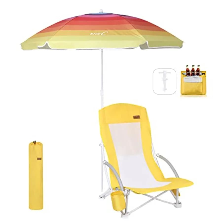 Beach Chair for Adults: Sand Lake Use, Yellow Heavy-Duty Fabric, High-Back Support with Umbrella, Cooler, Cup Holder, Carry Bag