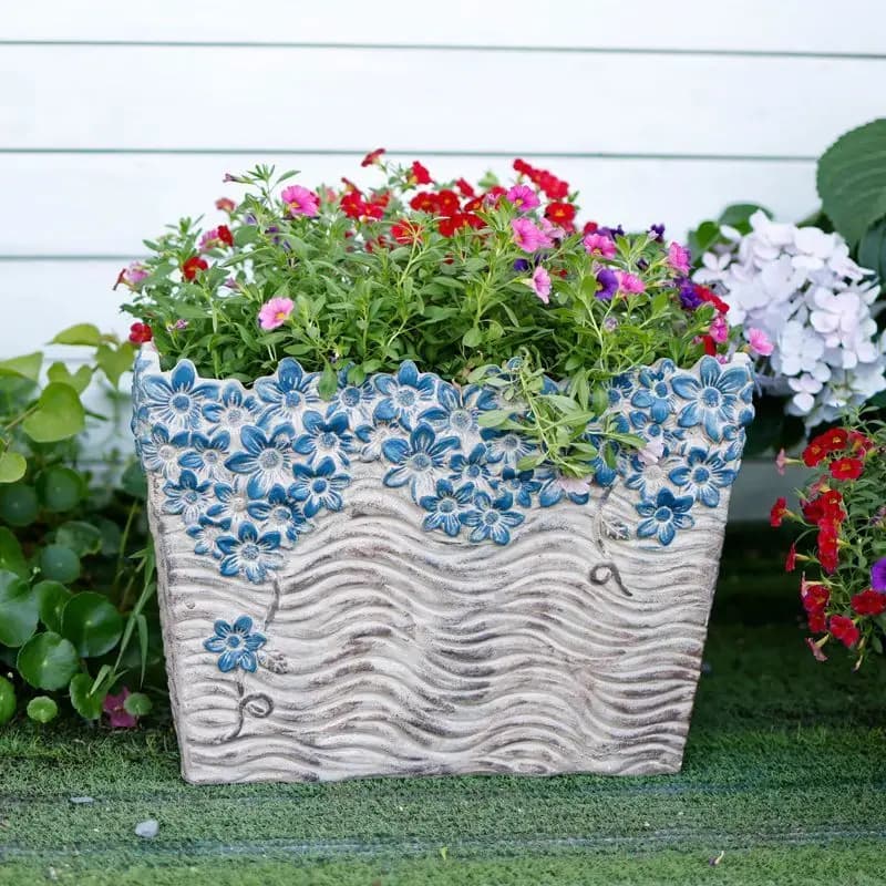 Artificial Stone Relief Square Planter for Garden, Large Floor Flower Box for Balcony, Rustic Container for Courtyard Bonsai