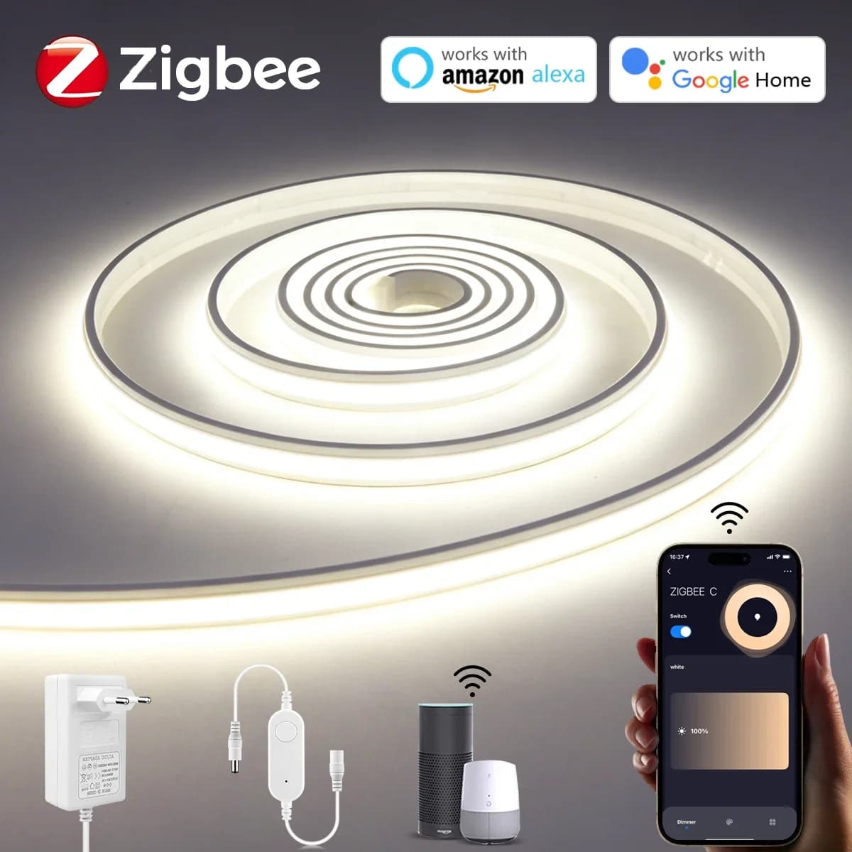 Striscia LED Neon Intelligente Zigbee DC 24V, Controllo Remoto Tramite App Tuya, Nastro LED Flessibile in Silicone Compatibile con Hub Zigbee, Alexa e Google Home