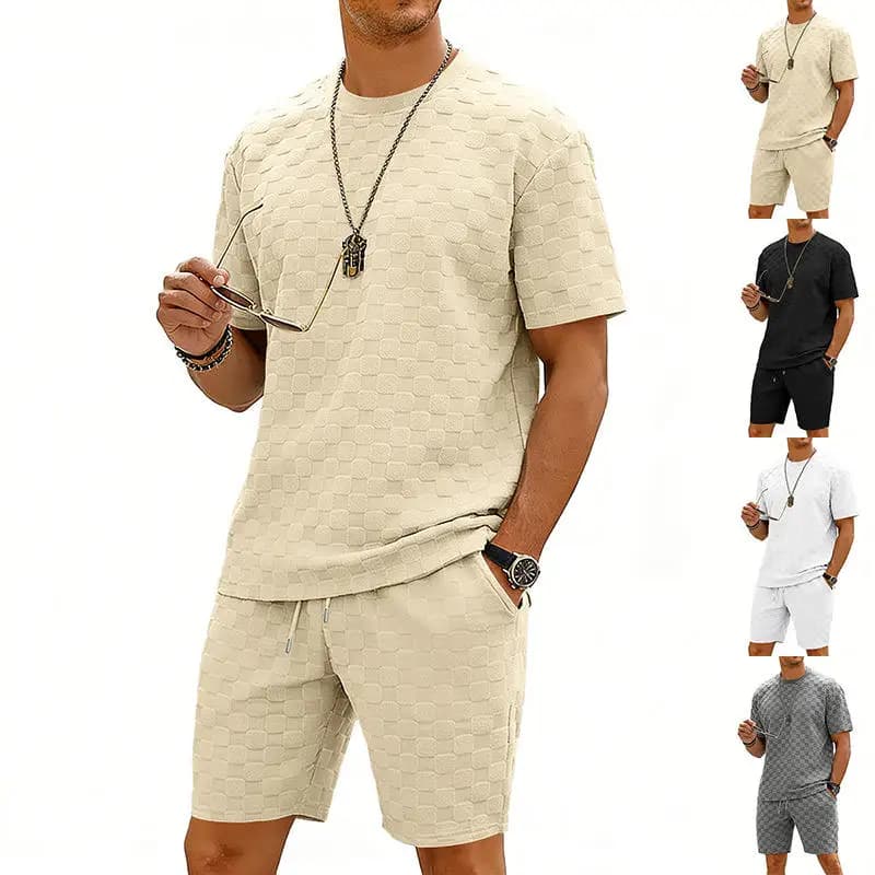 Men's Summer Oversized Shoulder T-Shirt Short Sleeve round Neck Casual Top Bottom Set Plaid Pattern Heavyweight Loose Fit