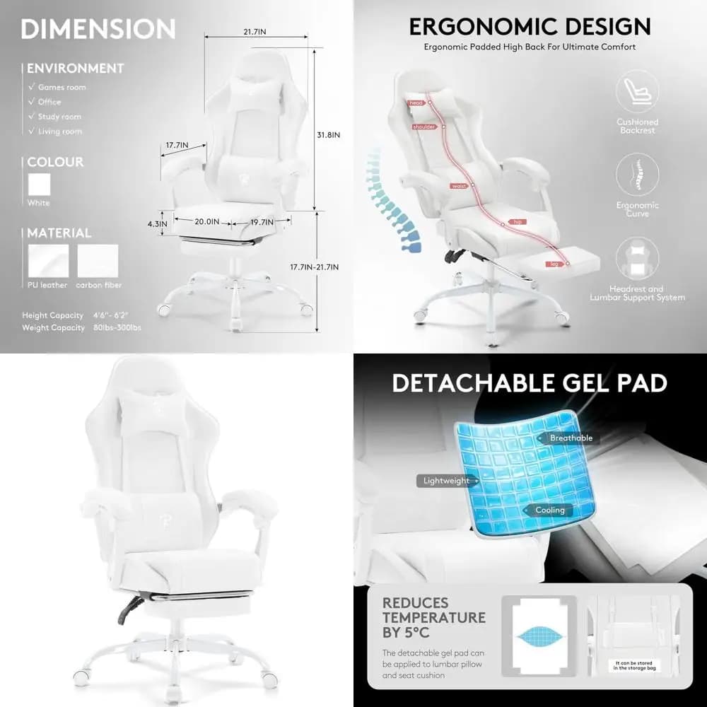 Sedia da Gaming Ergonomica Reclinabile con Poggiapiedi, Supporto Lombare Massaggiante e Cuscino in Gel
