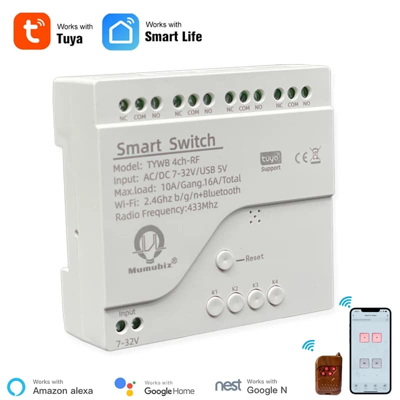 Tuya Smart Modulo interruttore autobloccante relè momentaneo WiFi RF a 4 canali, controller porta garage WiFi fai-da-te, alloggiamento su guida Din