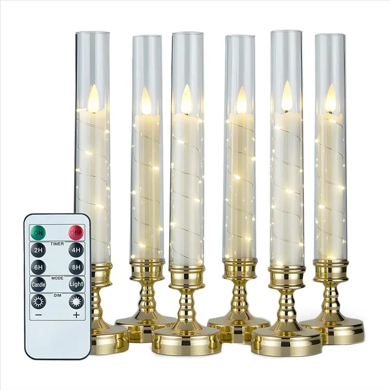 Candele senza fiamma ABRE (6 pezzi) con telecomando e timer, luce LED tremolante con stringa di stelle incorporata per un'atmosfera romantica