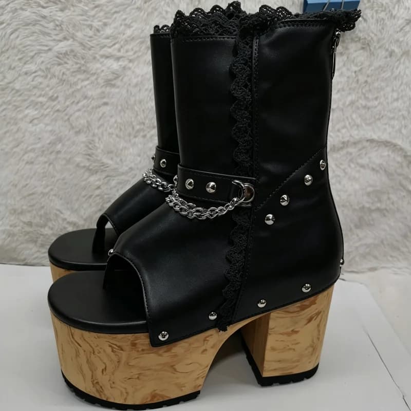 Black Mid Calf Chain Rivet Wood Boots Peep Toe Chunky Heel Fashionable Sexy Cool Big Size 2026 Woman Shoes Zapatillas Mujer