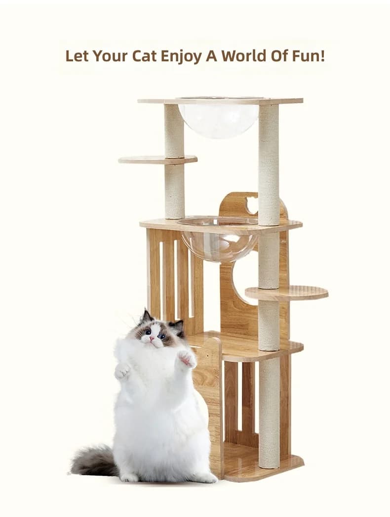 Bespoke, high-end oak cat climbing frame; odourless, eco-friendly cat products; luxury space capsule-style multi-level
