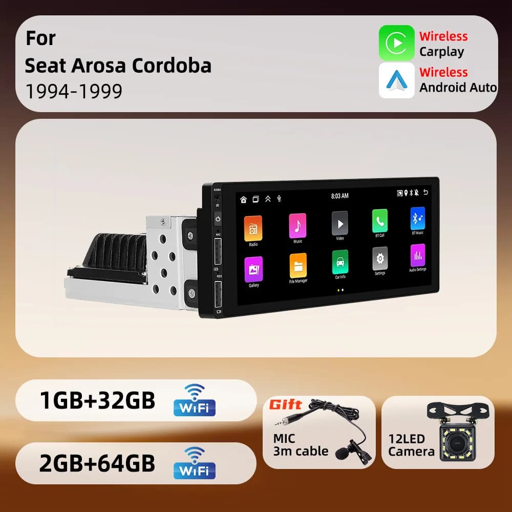 Autoradio Android 1 Din with Screen 6,86 Inch for Seat Arosa Cordoba 1994-1999, Stereo Multimediale with CarPlay, GPS, WiFi and Navigation