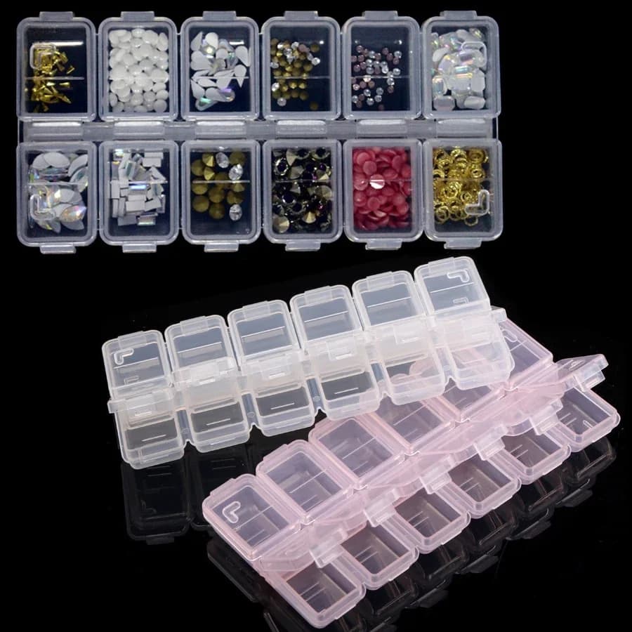 12 Compartments Plastic Rhinestone Organizer Container Case, Nail Art Tool Jewelry Storage Box, Beads Parts Containers