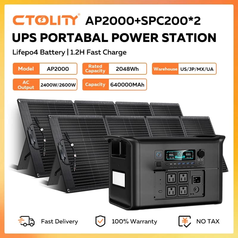 CTOLITY AP2000 Centrale elettrica portatile con pannello solare 400W 2400W 2048Wh LiFePO4 Generatore solare UPS Batteria di backup MPPT per camper