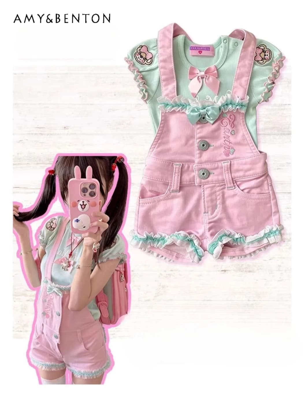 Set Due Pezzi Lolita Sweetheart Girl Y2K con Top a Maniche Corte con Fiocco e Shorts a Balze, Stile Spice Girl per Donna