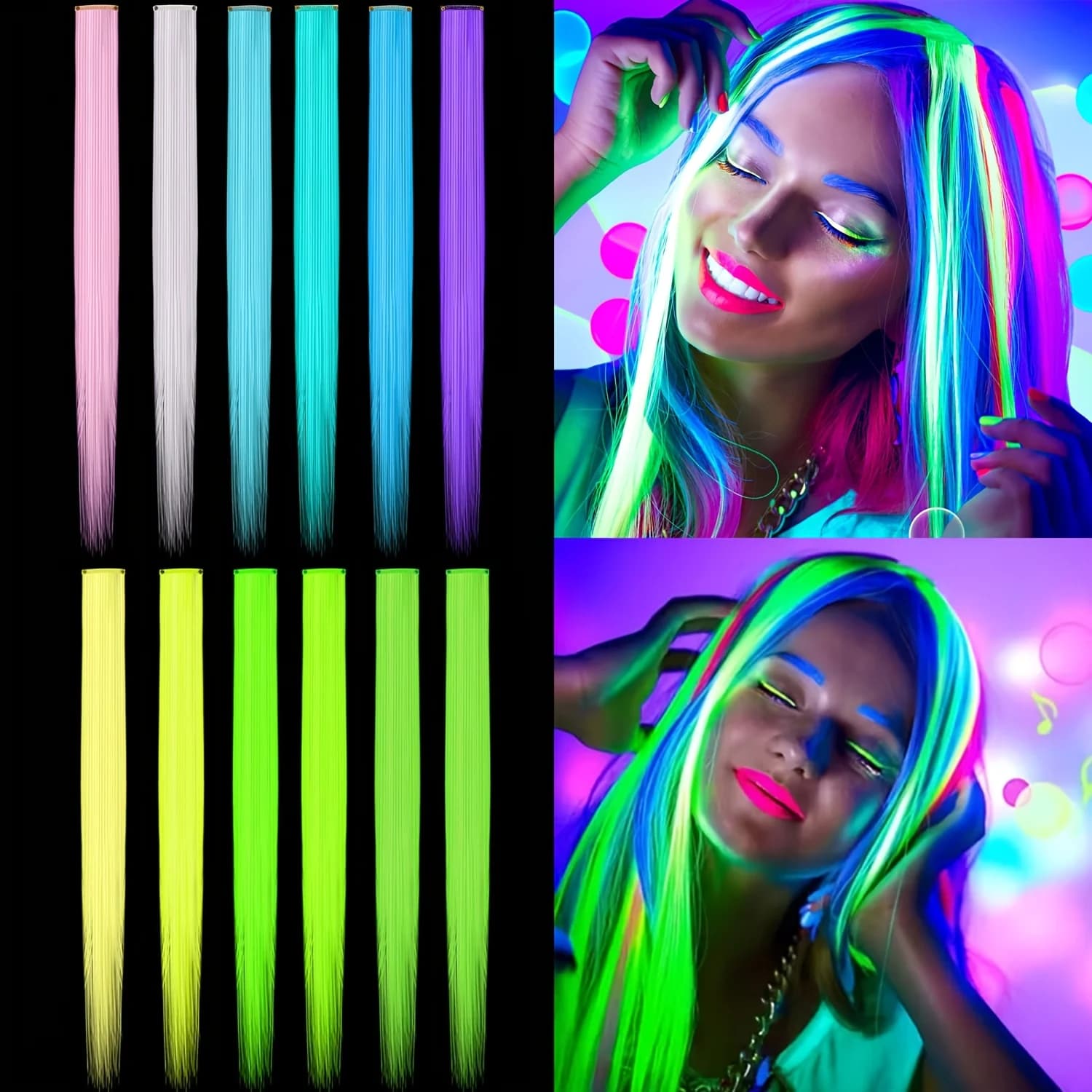 Extension per capelli sintetici da 4 pezzi con effetto fluorescente luminoso per donna - Clip-in, lisci e morbidi, facili da indossare per le feste