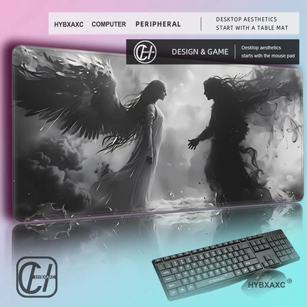 Tappetino per mouse HYBXAXC Dark Angel & Demon Silhouette, tappetino da scrivania grande antiscivolo con bordo cucito per gaming, tappetino per tastiera anti-sfilacciamento
