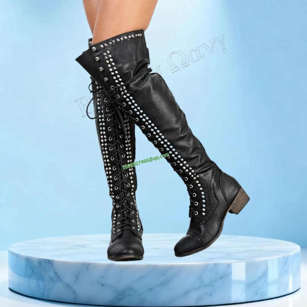 Black Rivet Decor Lace up Men's Knight's Boots Cross Tied Matte Leather Round Toe Shoes for Men Shoes Zapatos Para Hombres