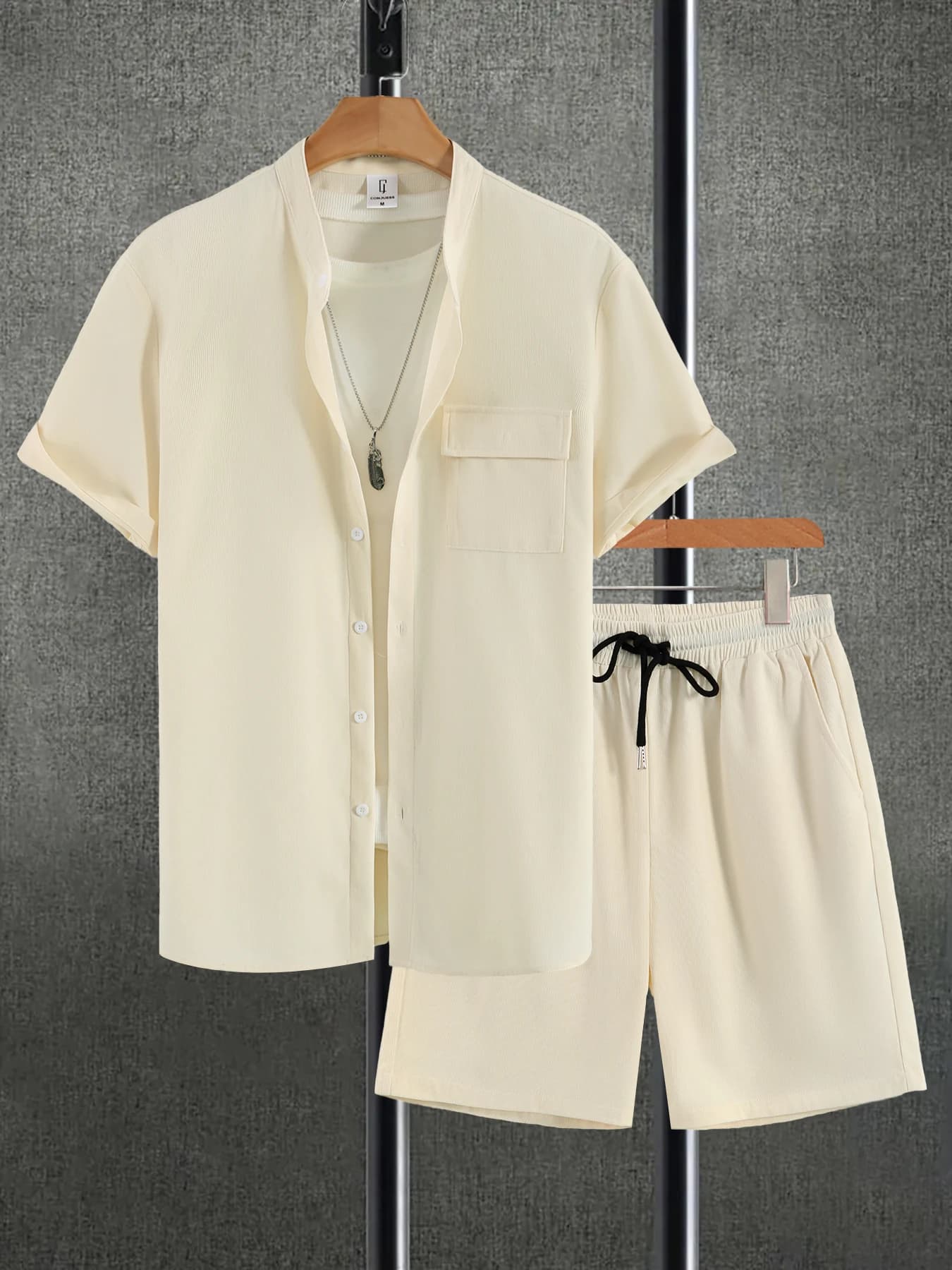 Men's summer suit in Chinese style, short sleeve shirt with white dirt collar + shorts with elastic waist