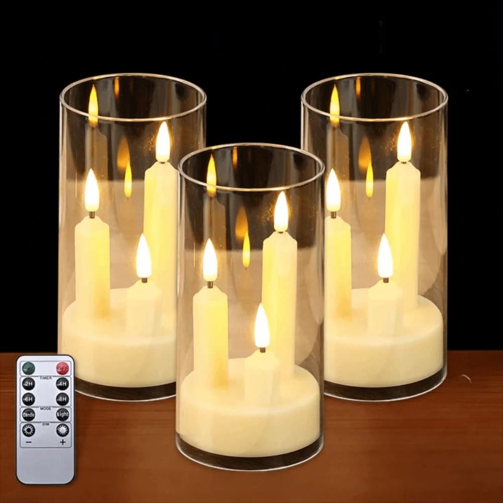 Candele a LED Senza Fiamma 3 in 1 con Paralume Trasparente, Candele Decorative Tremolanti, Luce Calda Romantica