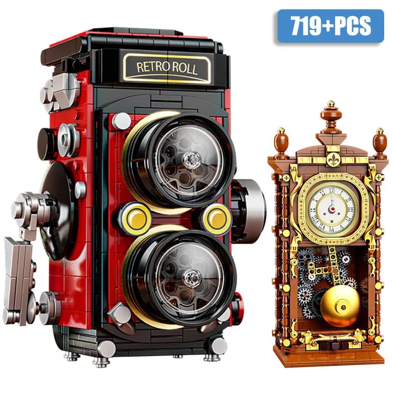 Serie City MOC Orologio a Pendolo Classico, Fotocamera Retrò, Blocchi da Costruzione Fai-da-Te, Mattoncini Vintage per Bambini, Giocattoli e Regali