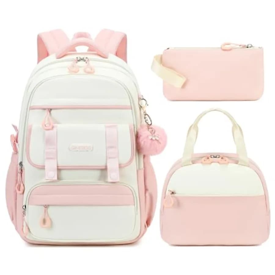 Zaino Scolastico per Ragazze, Set 3 Pezzi con Zaino per Laptop 15.6 Pollici, Borsa Pranzo e Astuccio per Adolescenti, Scuola Elementare, Media e Superiore
