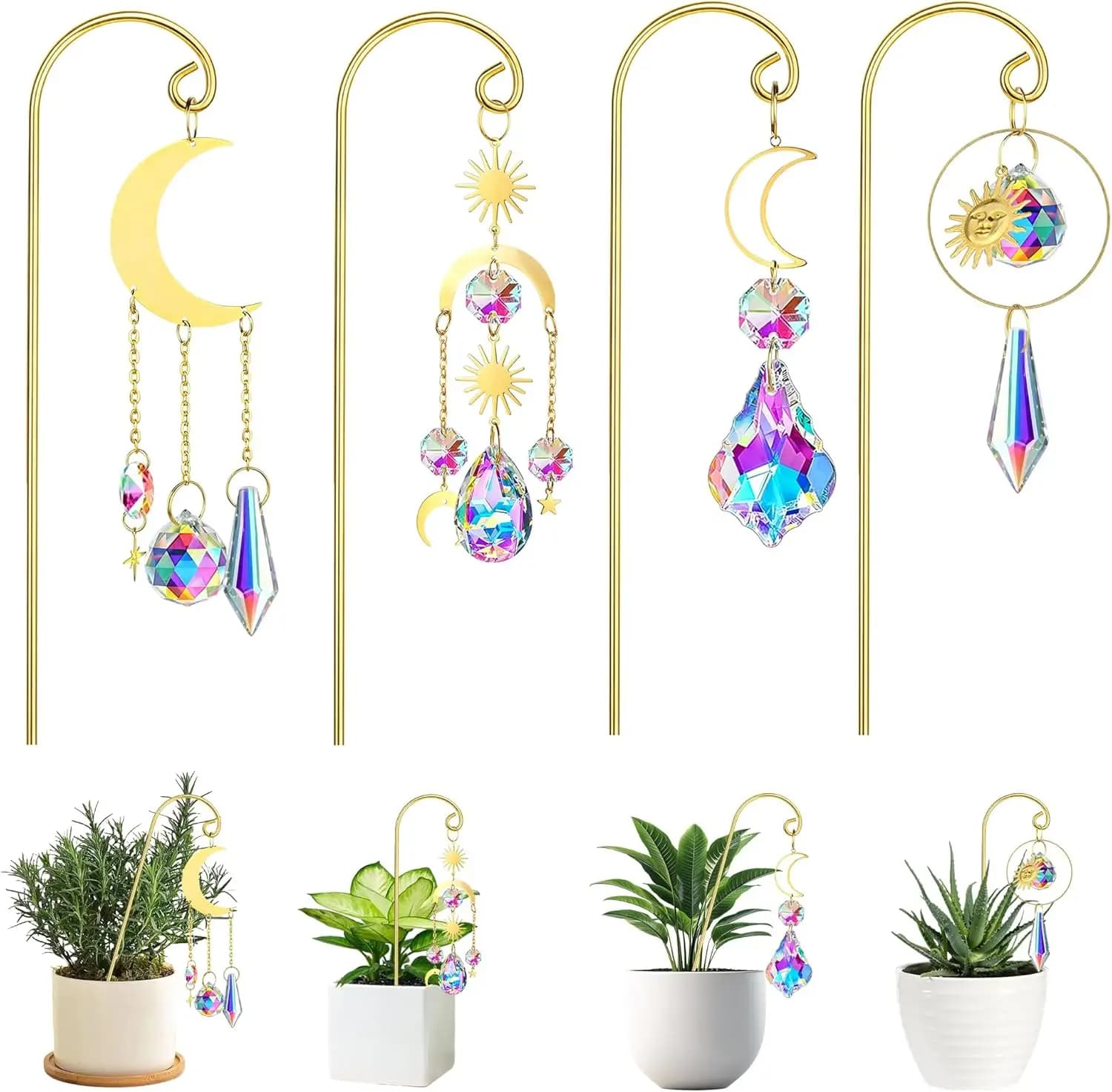 4Pcs Gold Plant Stakes with Suncatcher Small Trellis for Mini Potted Plants Golden Stakes Sun Catchers Garden Home Decor