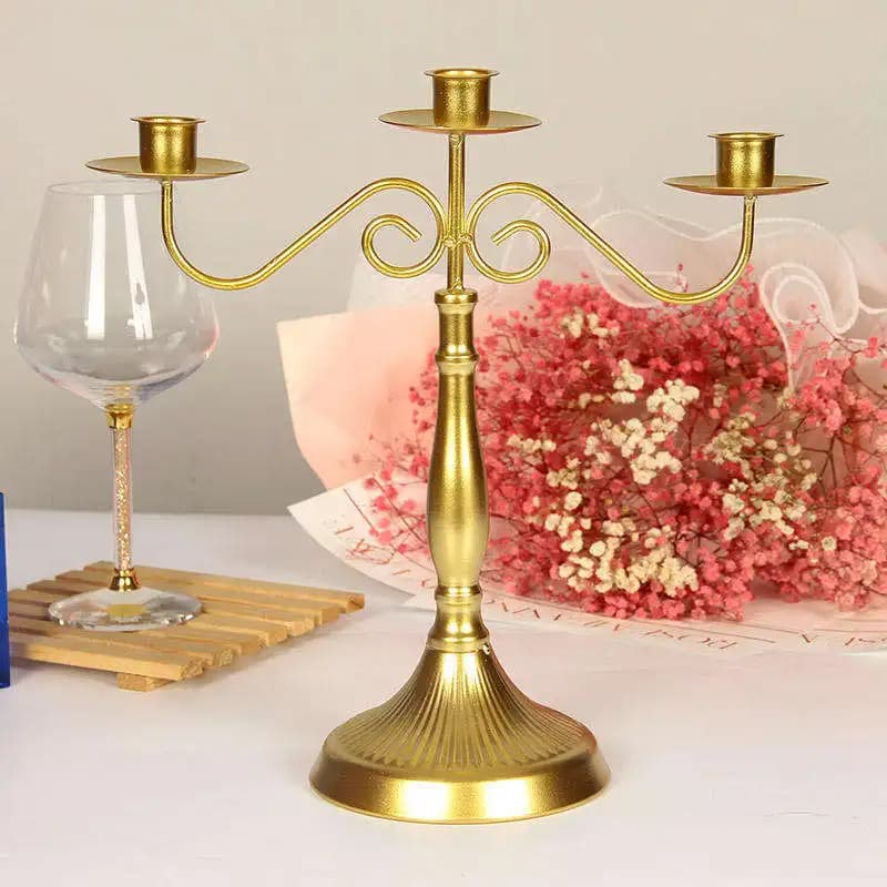 JC gold iron candle holder with three arms 31x13x31 cm, ideal for outdoor wedding table decorations, elegant table ornament